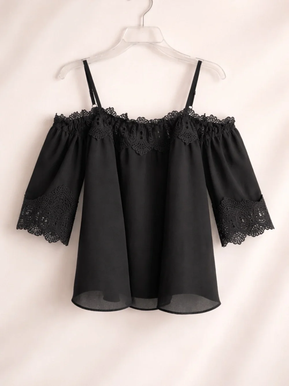 Fortune + Ivy Black Lace Off Shoulder Blouse | Romantic Chic Size: Large - Picture 2 of 4